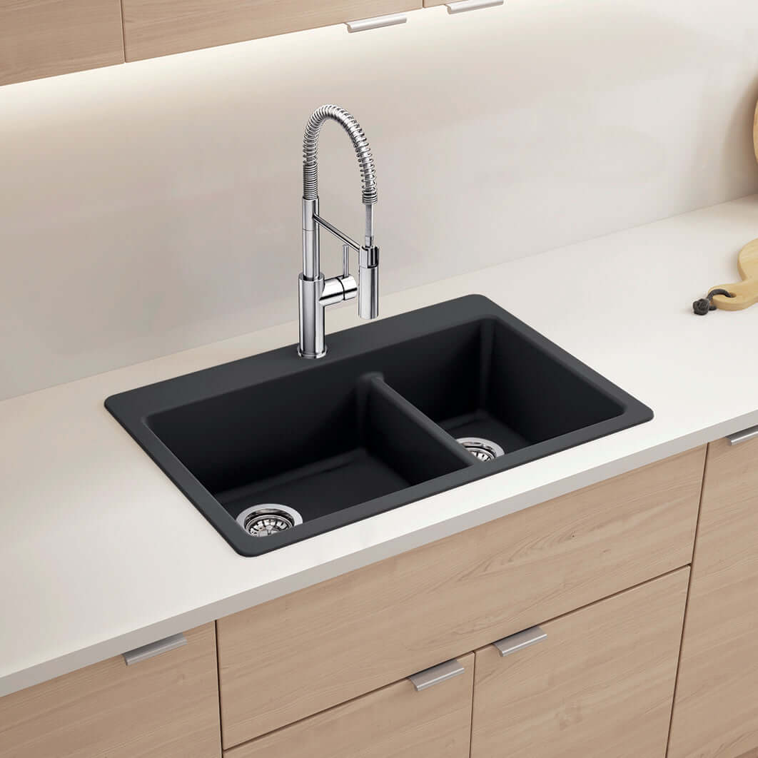 BLANCO Liven SILGRANIT 33" 60/40 Double Bowl Dual Mount Kitchen Sink with Low Divide in a modern kitchen setting.