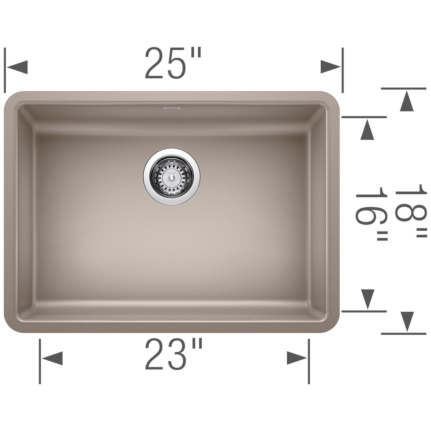 BLANCO Precis SILGRANIT 25" ADA Single Bowl Undermount Kitchen Sink dimensions and design view.