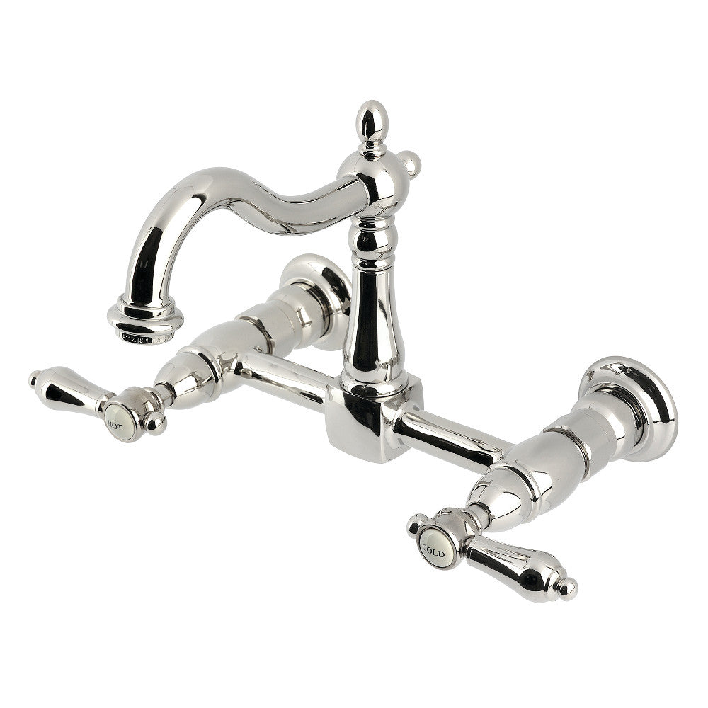 Kingston KS1263BAL Heirloom Two-Handle Wall Mount Bridge Kitchen Faucet, Antique Brass in polished nickel finish.