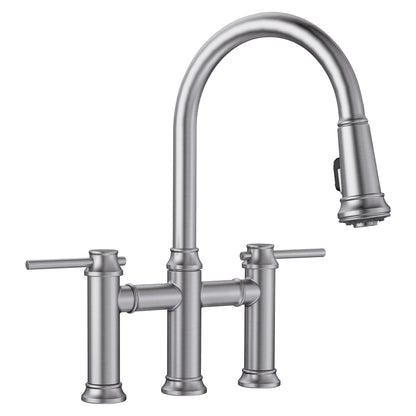 BLANCO Empressa Pull-Down Dual-Spray Bridge Faucet in modern metallic design with separate hot and cold handles.