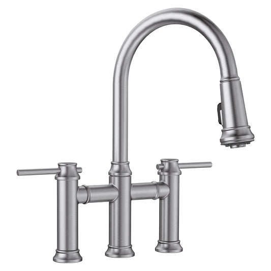BLANCO Empressa Pull-Down Dual-Spray Bridge Faucet in modern metallic design with separate hot and cold handles.