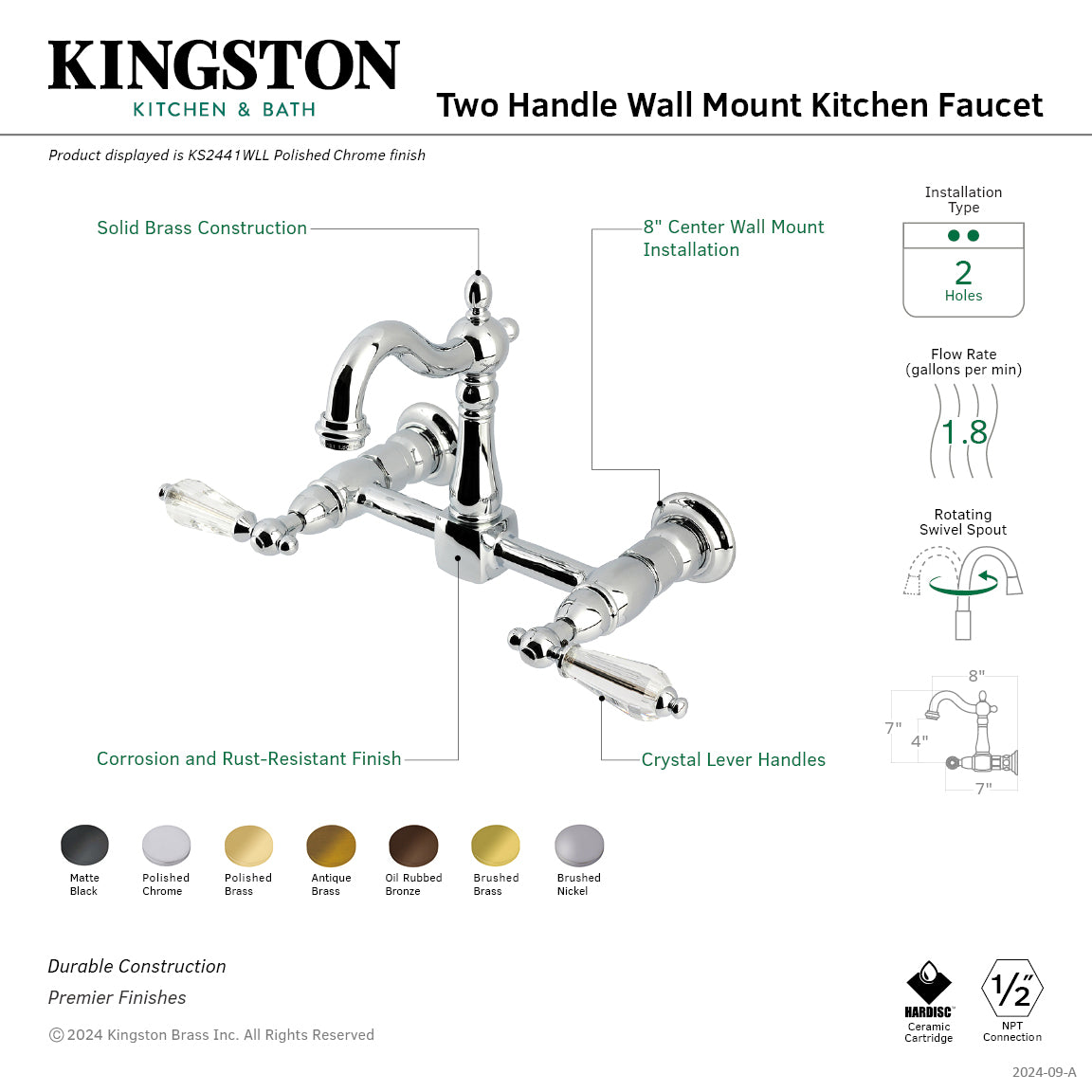 Kingston KS2443WLL Willshire Two-Handle Wall Mount Bridge Kitchen Faucet, Antique Brass with crystal lever handles.