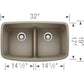 BLANCO Valea SILGRANIT 32" 50/50 Double Bowl Undermount Kitchen Sink with Low Divide