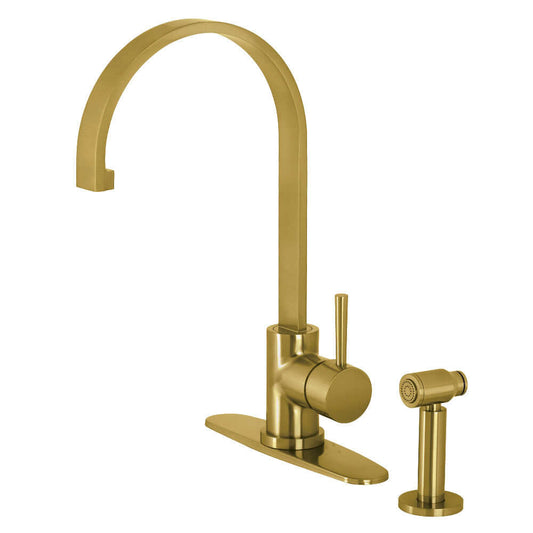 Kingston Brass LS8713DLBS Concord Kitchen Faucet with Brass Side Sprayer, bold cylindrical design, high-arc spout, side sprayer.