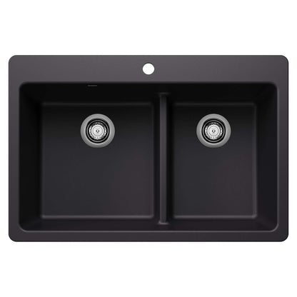 BLANCO Liven SILGRANIT 33" 60/40 Double Bowl Dual Mount Kitchen Sink with Low Divide in black finish.