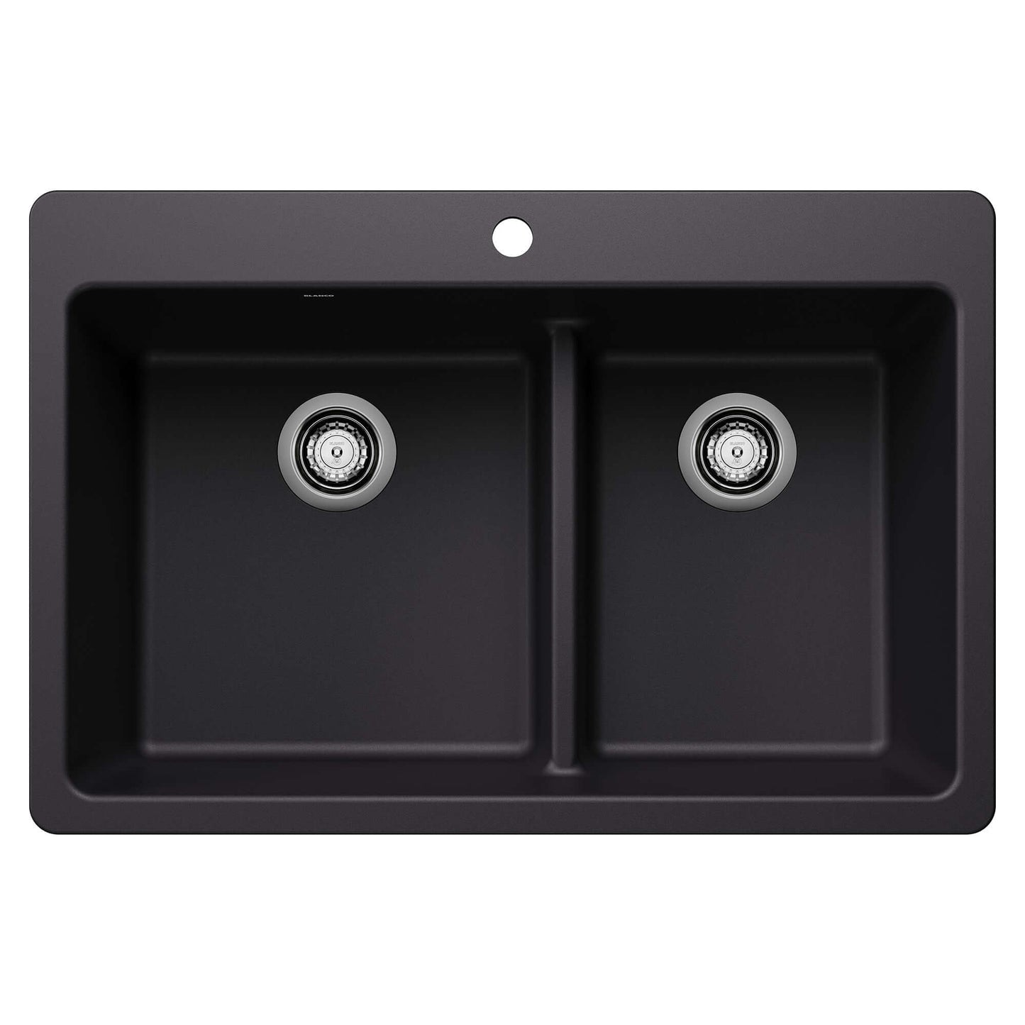 BLANCO Liven SILGRANIT 33" 60/40 Double Bowl Dual Mount Kitchen Sink with Low Divide in black finish.