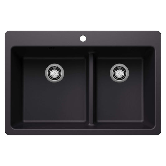 BLANCO Liven SILGRANIT 33" 60/40 Double Bowl Dual Mount Kitchen Sink with Low Divide in black finish.