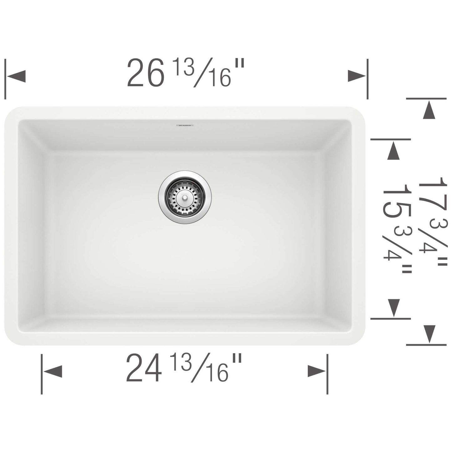 BLANCO PRECIS 27" SILGRANIT Single Bowl Undermount Sink dimensions illustration with measurements.