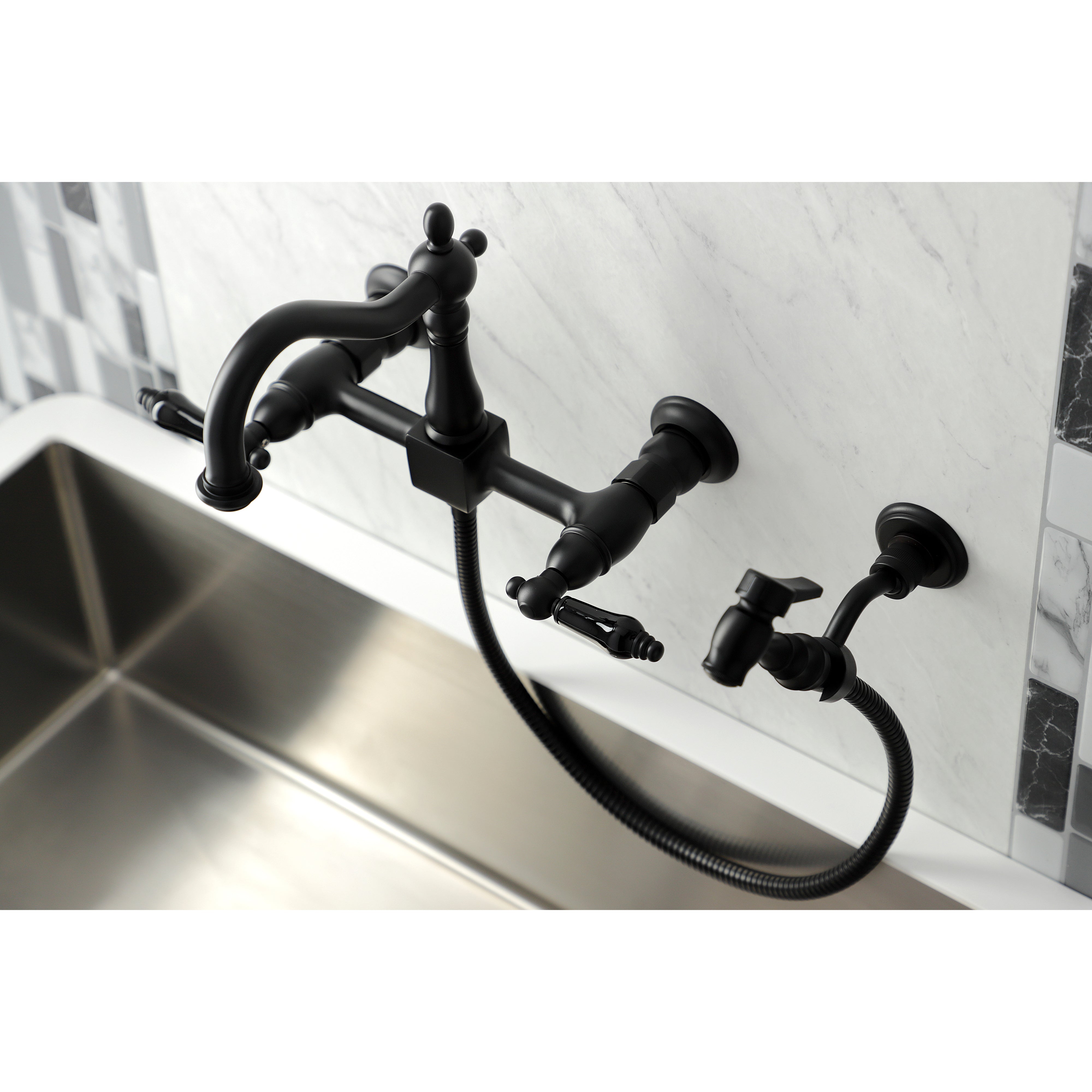 Kingston KS1263PKLBS Duchess Two-Handle Wall Mount Bridge Kitchen Faucet with Brass Sprayer, Antique Brass
