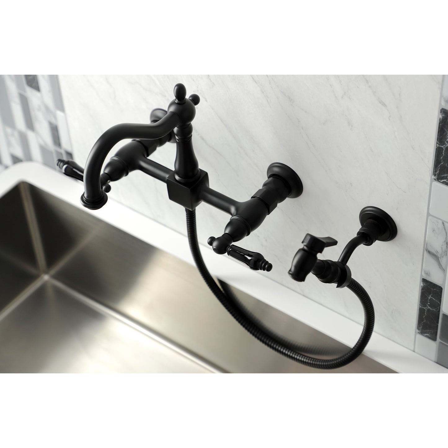 Kingston KS1263PKLBS Duchess Two-Handle Wall Mount Bridge Kitchen Faucet with Brass Sprayer, Antique Brass