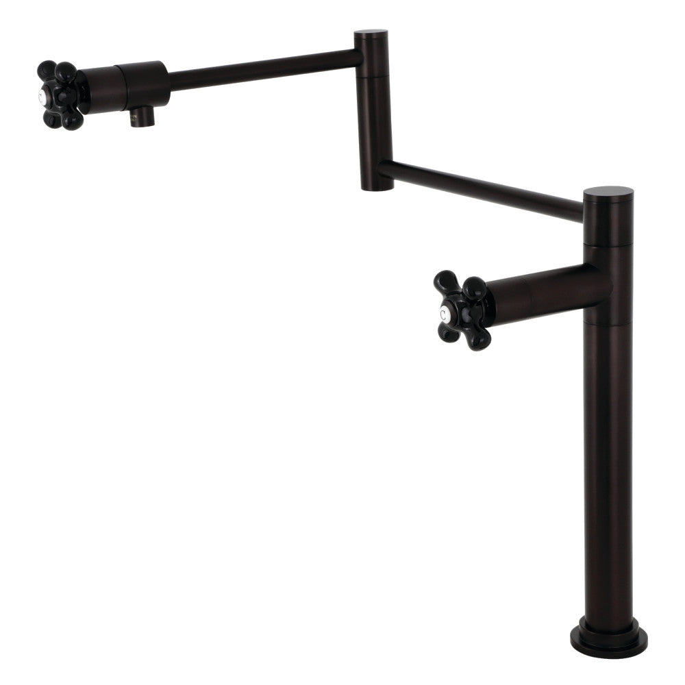 Kingston Brass KS4703PKX Duchess Deck Mount Pot Filler Faucet, Antique Brass with black porcelain handles.