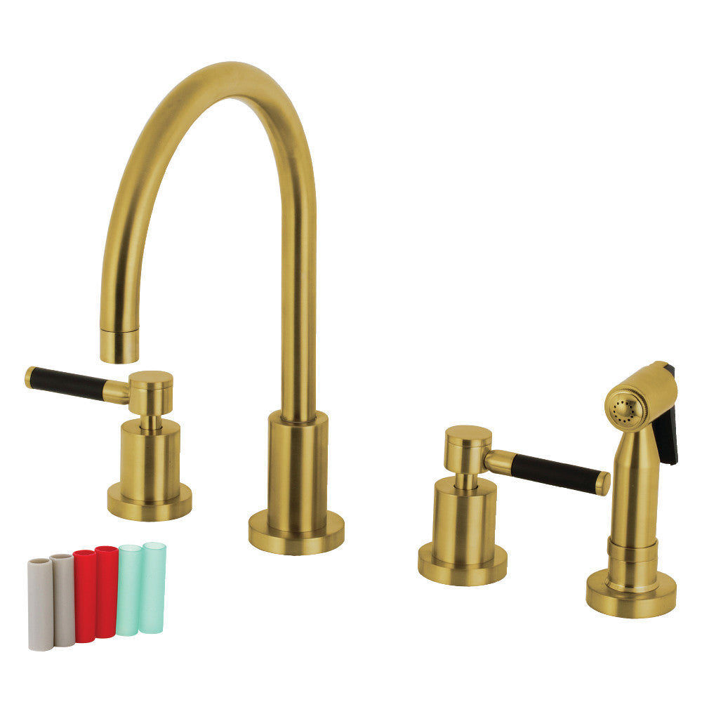 Kingston Brass KS8727DKLBS Kaiser Double-Handle Widespread Kitchen Faucet with Brass Sprayer, Brushed Brass