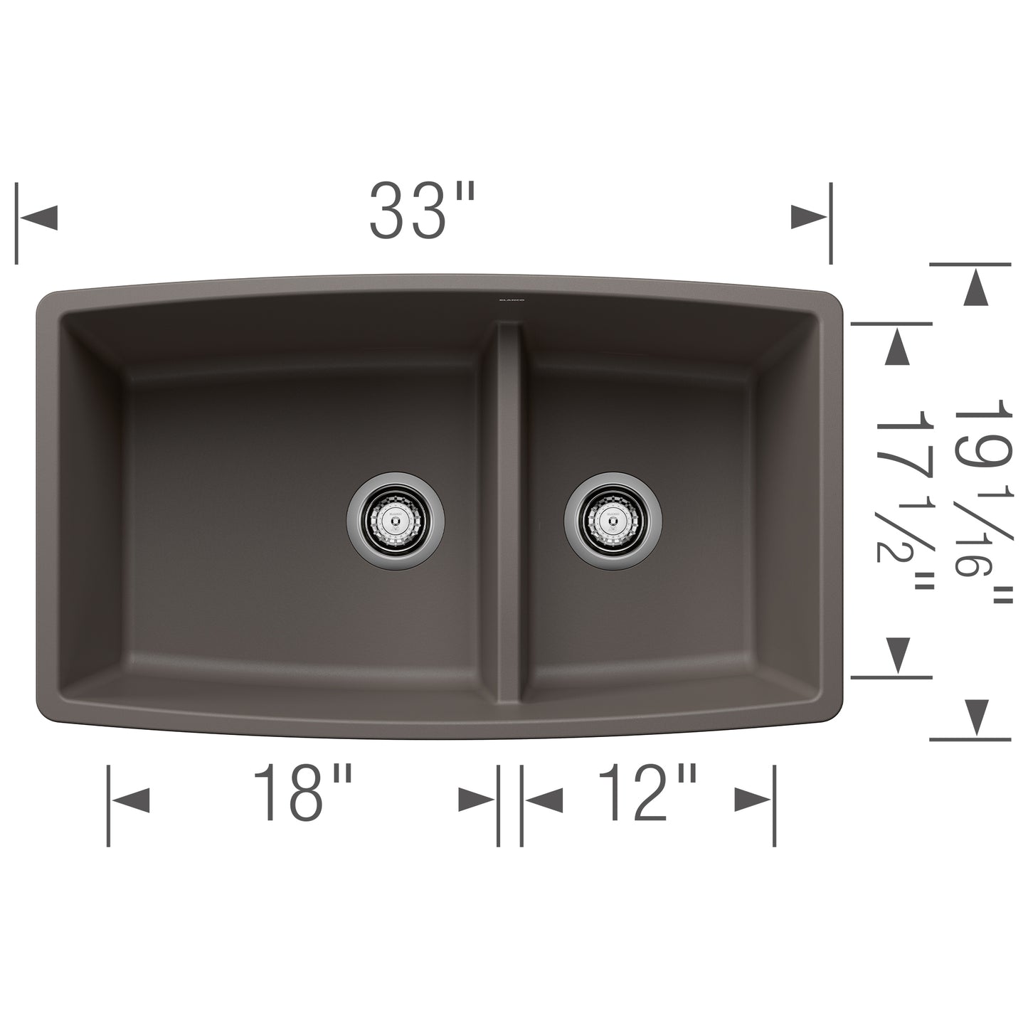 BLANCO Performa SILGRANIT 33" 60/40 Double Bowl Undermount Kitchen Sink with Low Divide top view showing dimensions.