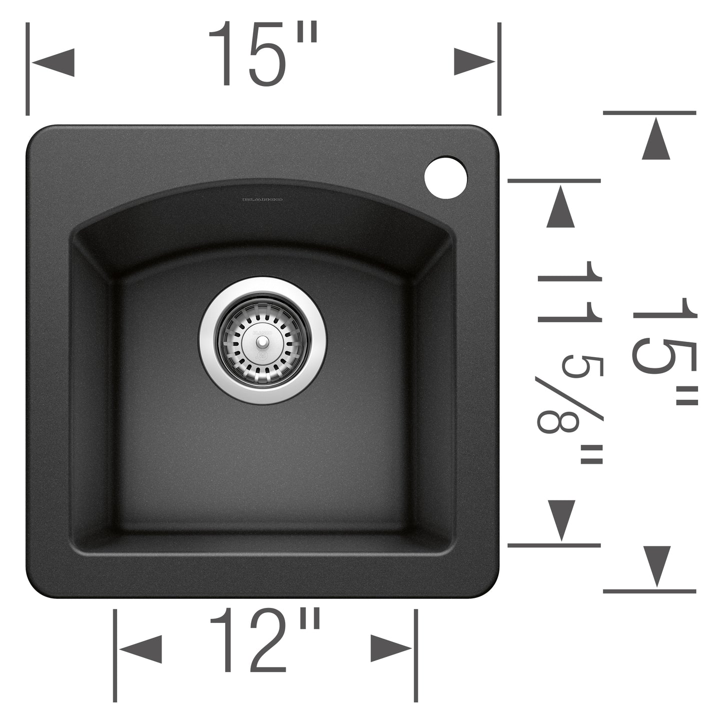 BLANCO Diamond SILGRANIT 15" Dual Mount Bar Sink dimensions image with measurements.
