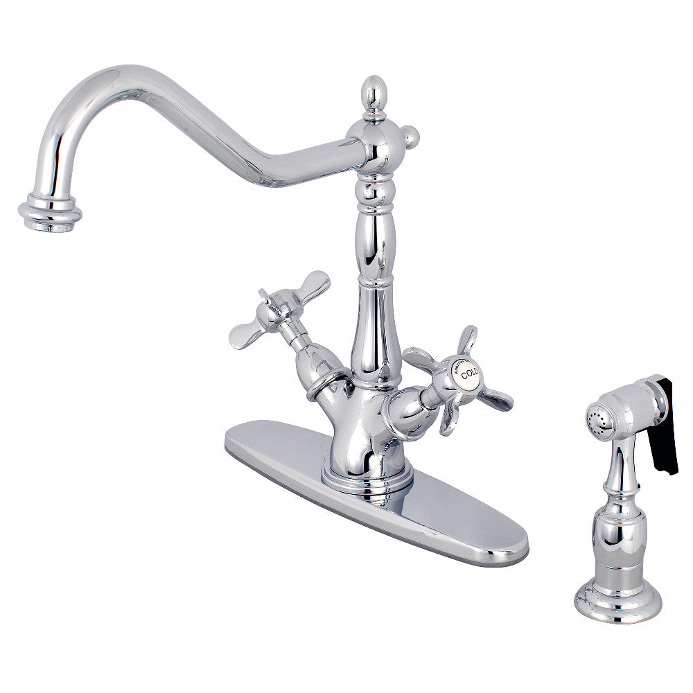Kingston KS1238BEXBS Essex Two-Handle Kitchen Faucet with Brass Sprayer, Brushed Nickel in polished chrome finish