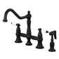 Kingston KS3277PLBS Restoration Bridge Kitchen Faucet with Brass Sprayer, Brushed Brass in matte black finish.