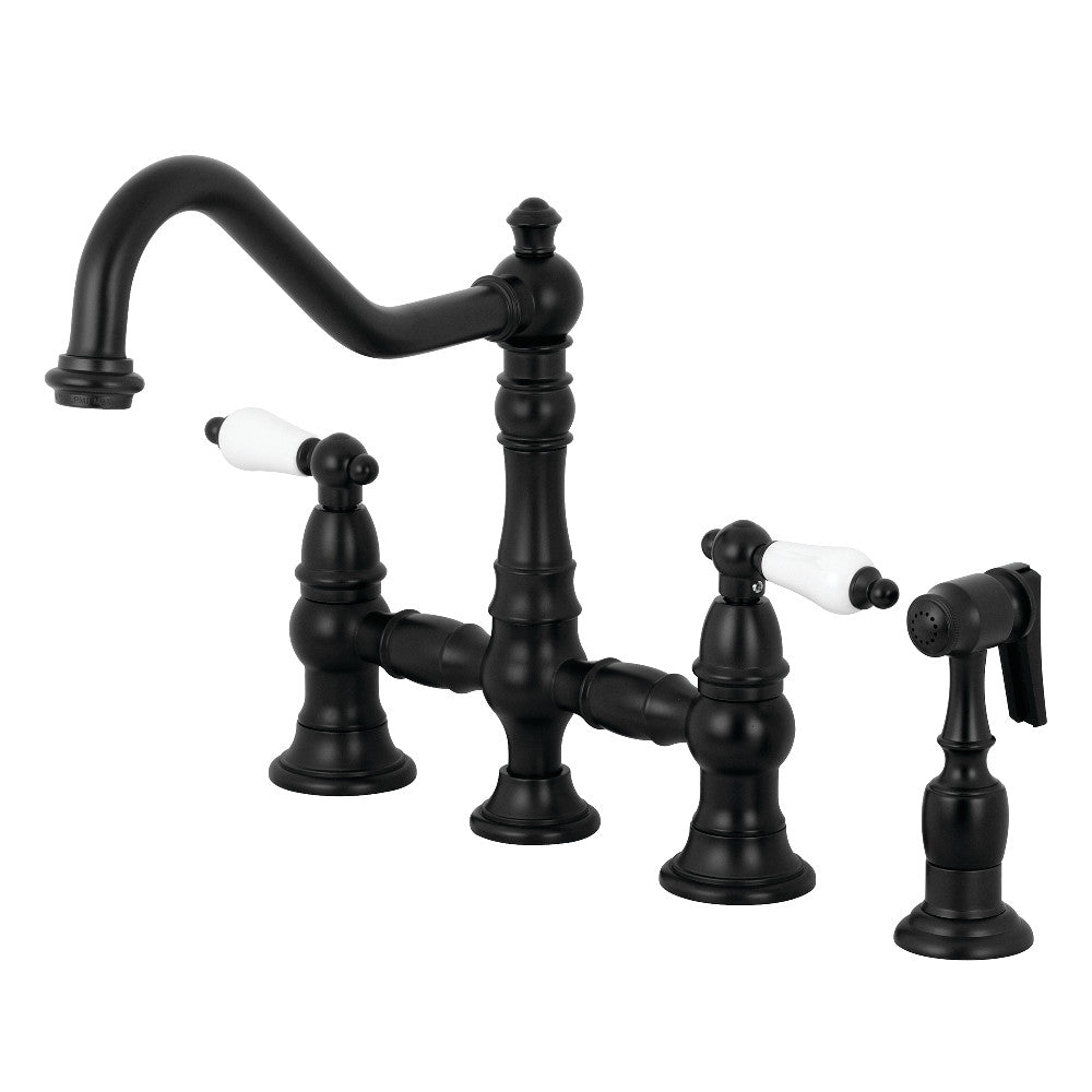 Kingston KS3277PLBS Restoration Bridge Kitchen Faucet with Brass Sprayer, Brushed Brass in matte black finish.