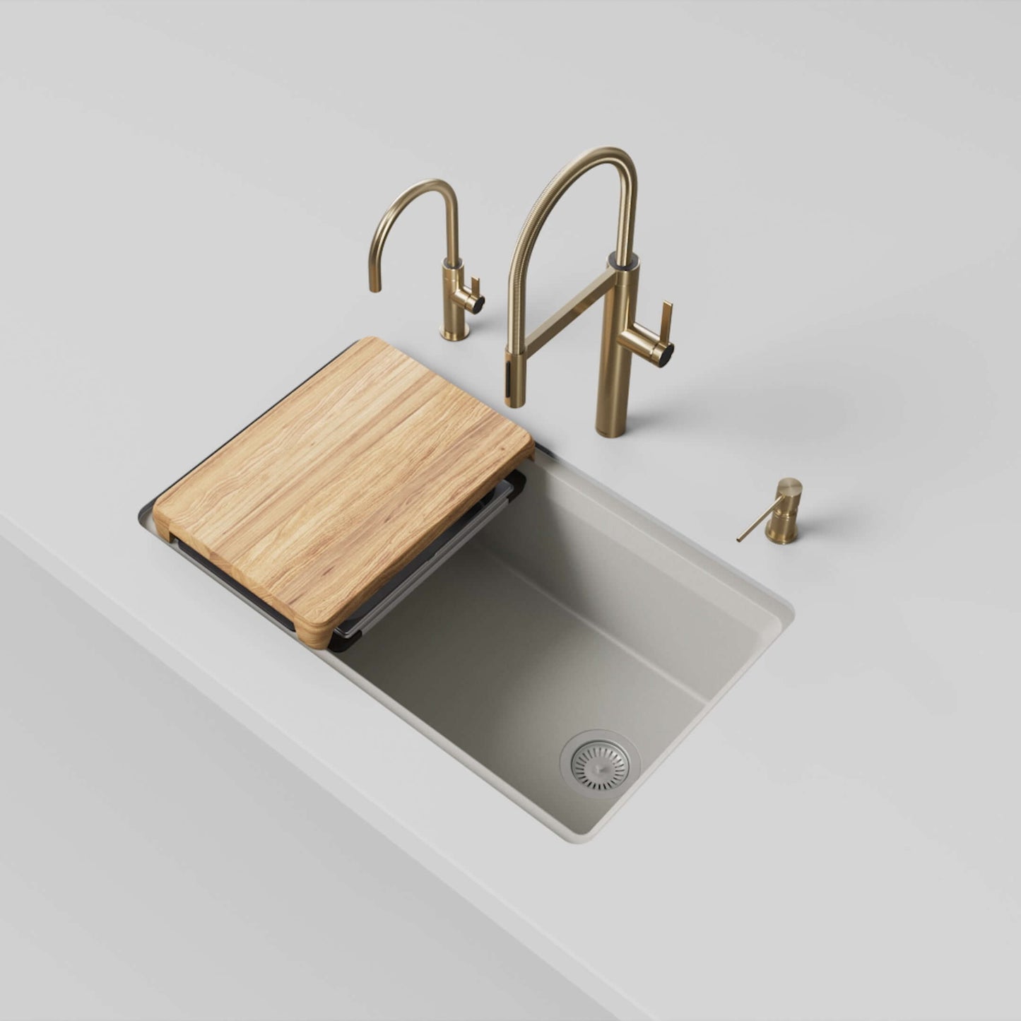 BLANCO Inteos SILGRANIT 33" Single Bowl Reversible Undermount Workstation Kitchen Sink with wood cutting board and modern faucet.