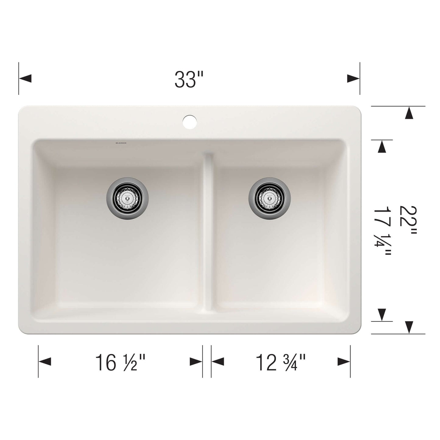 BLANCO Liven SILGRANIT 33" 60/40 Double Bowl Dual Mount Kitchen Sink with Low Divide top view and dimensions.