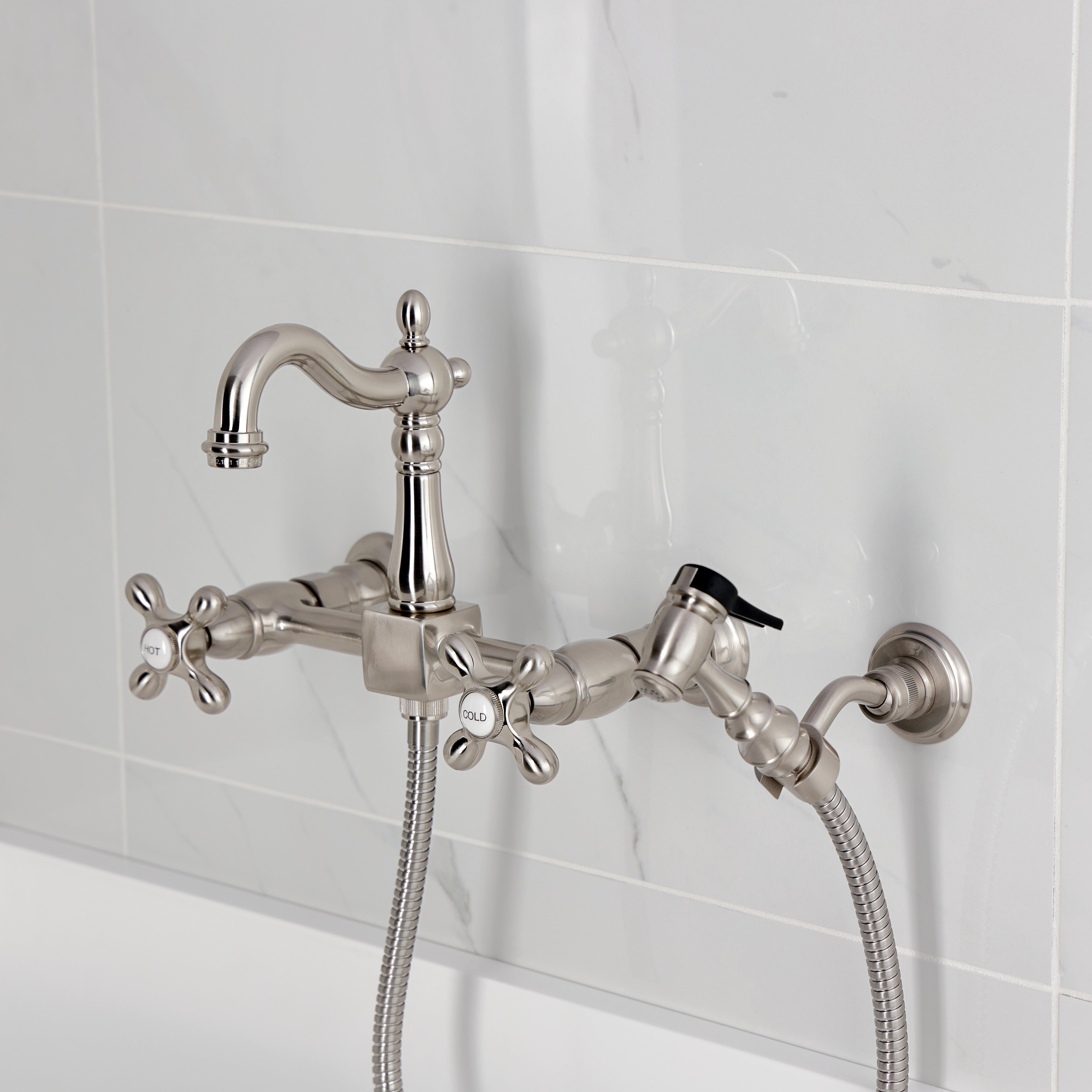 Kingston KS2443AXBS Heritage Two-Handle Wall Mount Bridge Kitchen Faucet with Brass Sprayer, Antique Brass