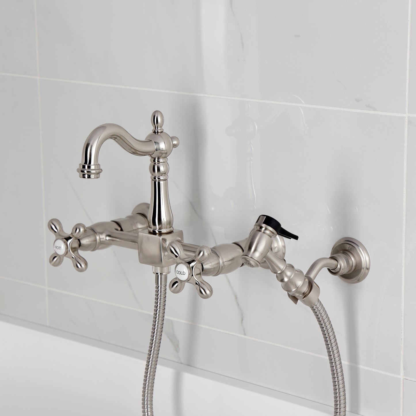 Kingston KS2443AXBS Heritage Two-Handle Wall Mount Bridge Kitchen Faucet with Brass Sprayer, Antique Brass