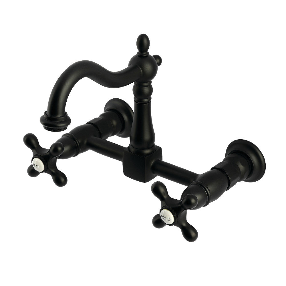 Kingston KS1263AX Heritage Two-Handle Wall Mount Bridge Kitchen Faucet, Antique Brass in matte black finish.