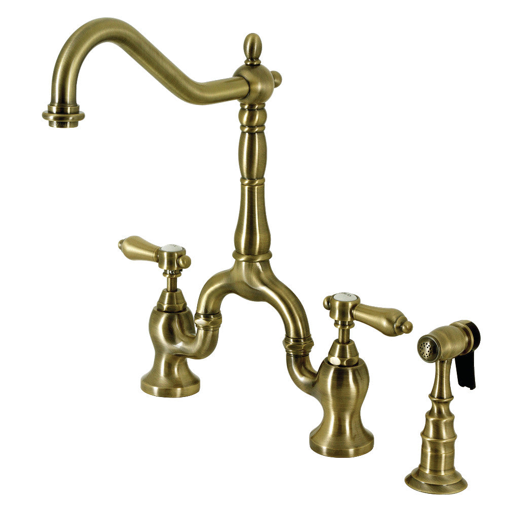 Kingston KS7753BALBS Heirloom Bridge Kitchen Faucet with Brass Sprayer, Antique Brass in elegant design.