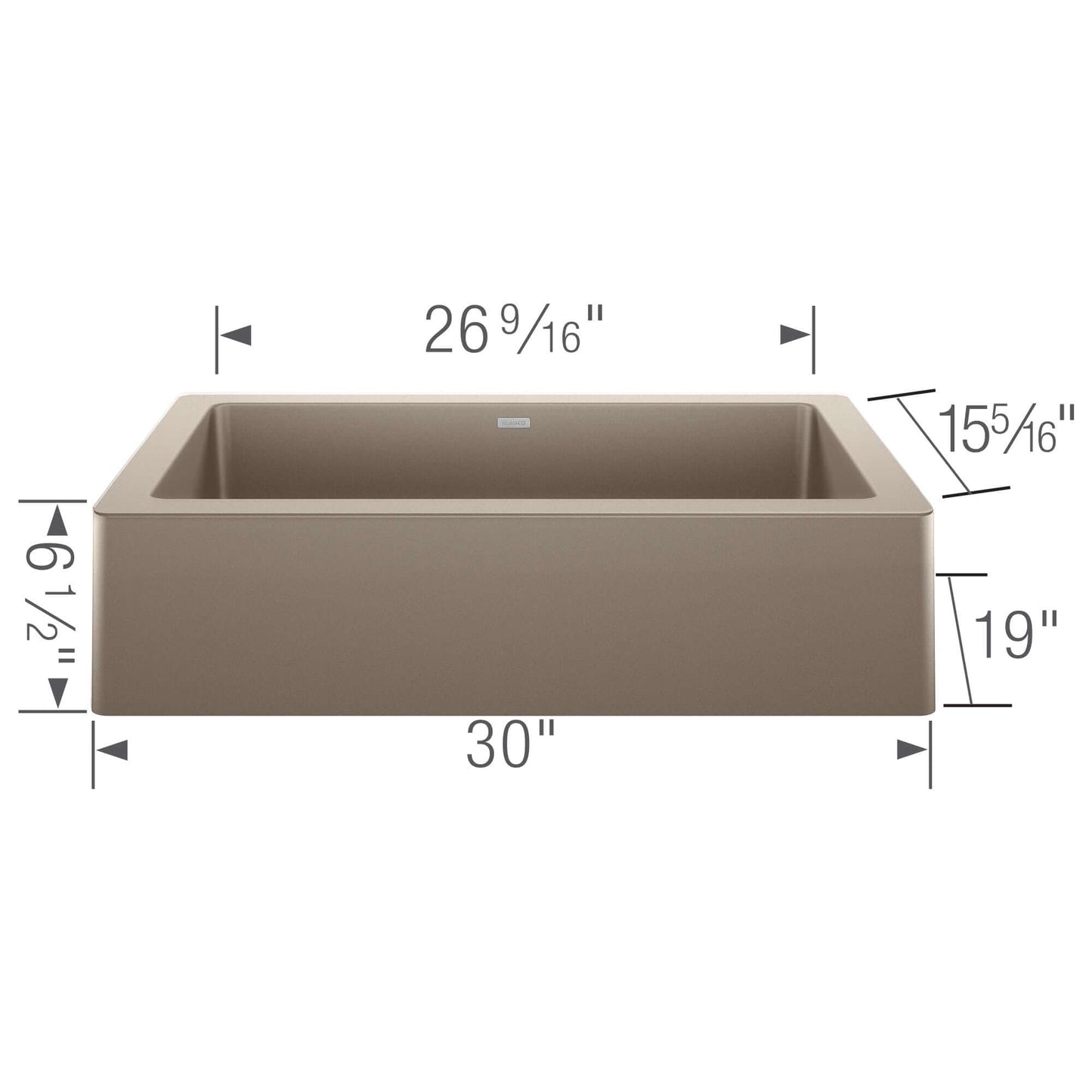 BLANCO VINTERA 30" SILGRANIT Single Bowl Farmhouse Sink dimensions, side view with measurements displayed.