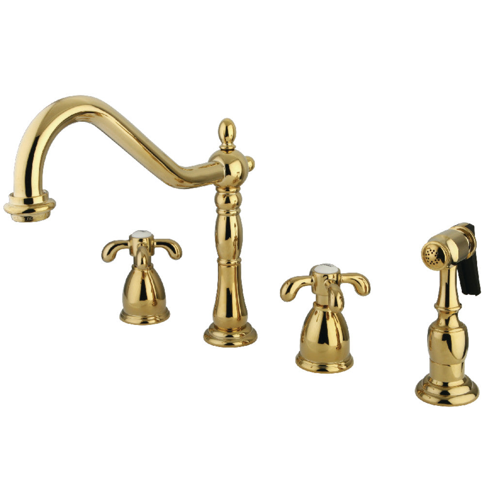 Kingston Brass KB1793TXBS French Country Double-Handle Widespread Kitchen Faucet with Brass Sprayer, Antique Brass