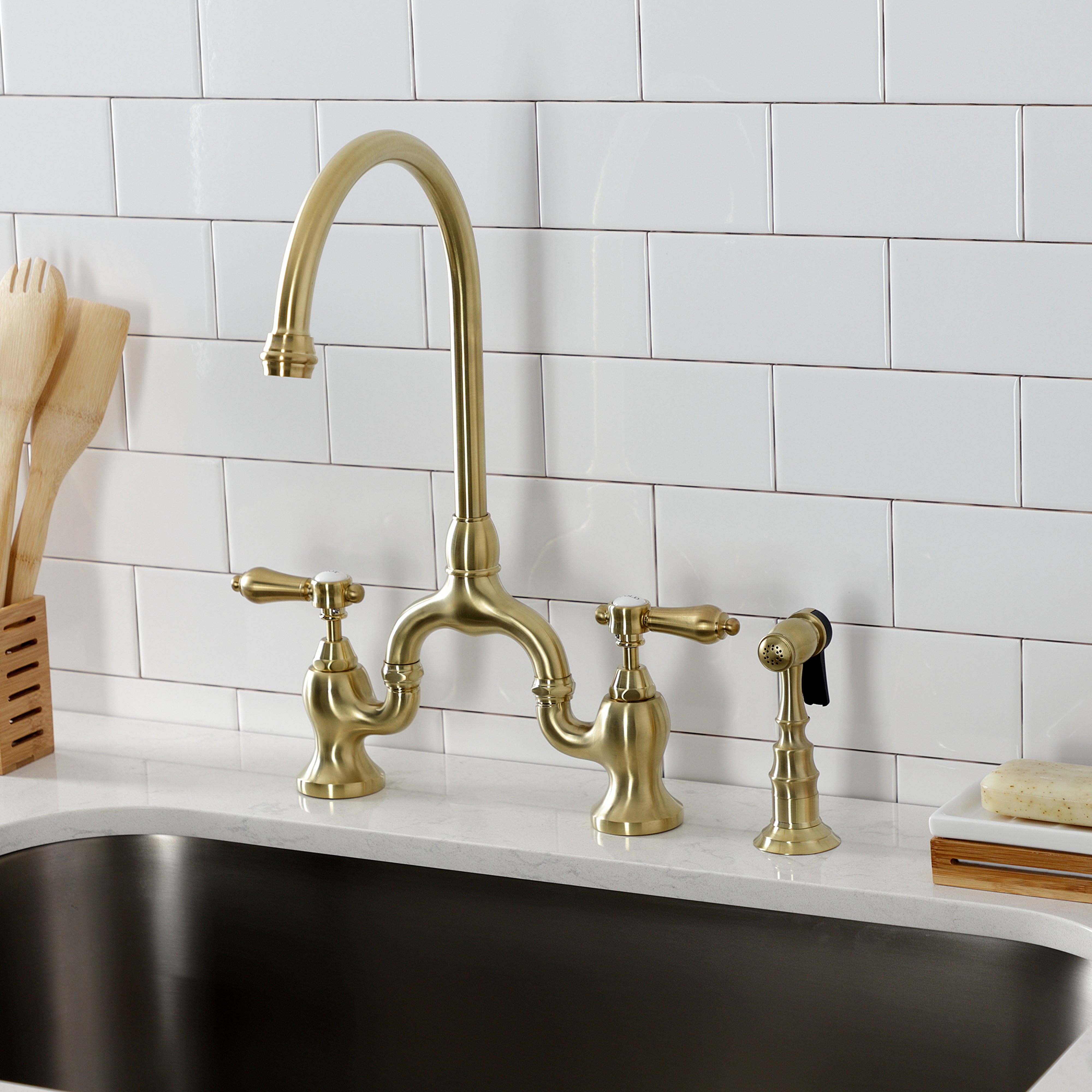 Kingston KS7793BALBS Heirloom Bridge Kitchen Faucet with Brass Sprayer, Antique Brass view