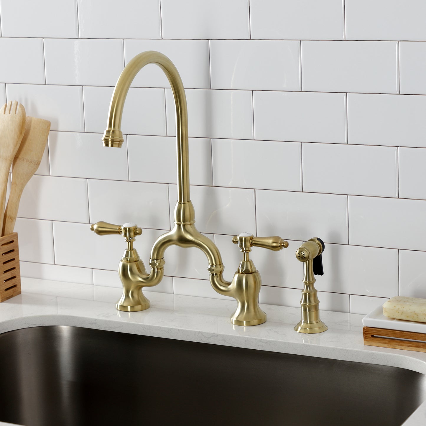 Kingston KS7793BALBS Heirloom Bridge Kitchen Faucet with Brass Sprayer, Antique Brass view