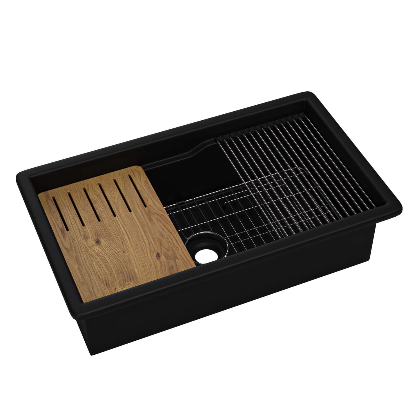 Alfi 32" Dual Mount Fireclay Workstation Kitchen Sink - ABFS3219SUD with bamboo cutting board and stainless steel grid.