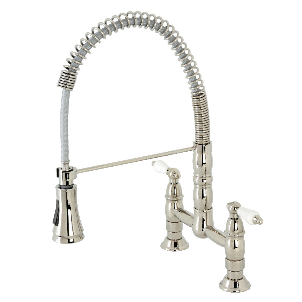 Gourmetier GS1273PL Heritage Double-Handle Deck-Mount Pre-Rinse Bridge Kitchen Faucet, Antique Brass with polished nickel finish.