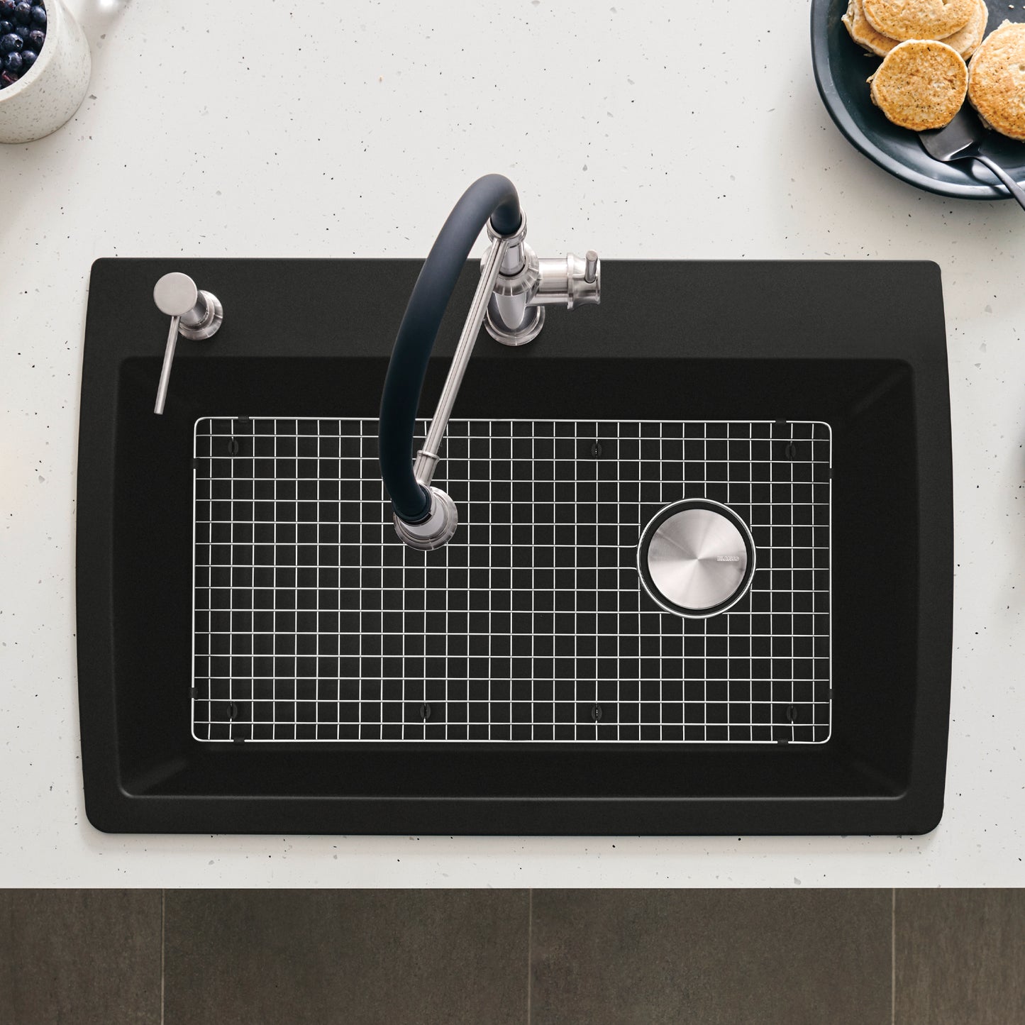 BLANCO Diamond SILGRANIT 33.5" Super Single Dual Mount Kitchen Sink with modern faucet and grid