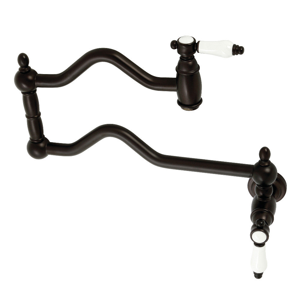 Kingston Brass KS2107BPL Bel-Air Wall Mount Pot Filler Faucet, Brushed Brass with white porcelain levers and oil rubbed bronze finish.