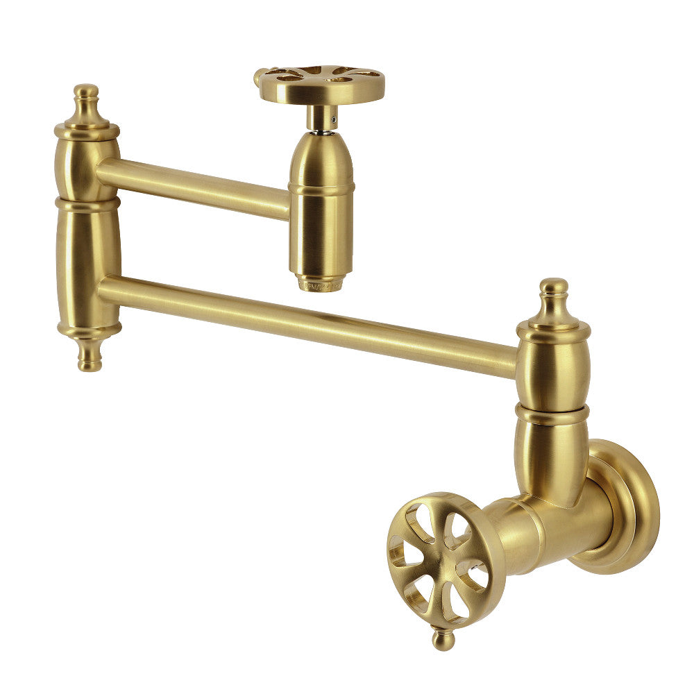 Kingston Brass KS3103RX Belknap Wall Mount Pot Filler Faucet, Antique Brass with brushed brass finish.