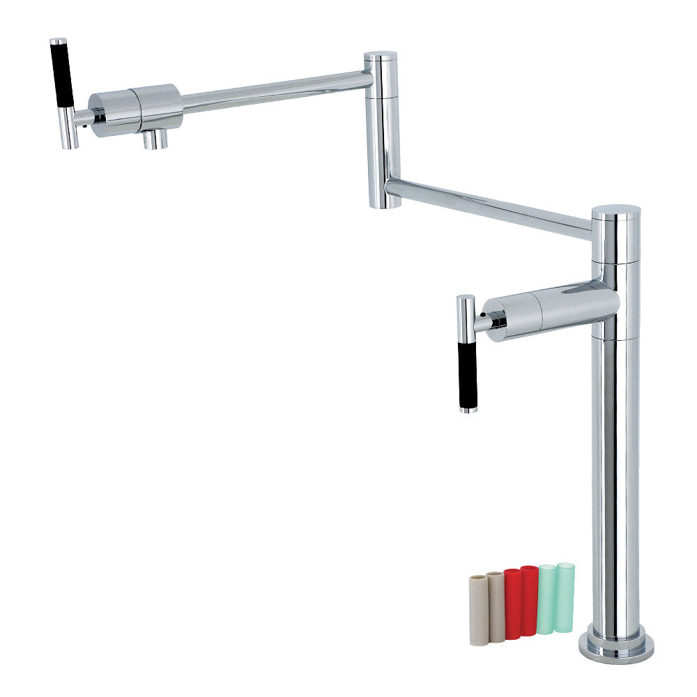 Kingston Brass KS4703CKL Kaiser Deck Mount Pot Filler Faucet, Antique Brass with ergonomic design and black handles.