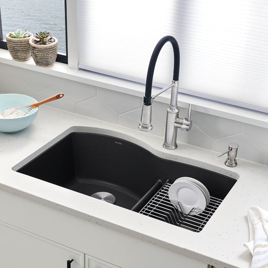 BLANCO Diamond SILGRANIT 32" 60/40 Double Bowl Undermount Kitchen Sink with Low Divide in modern kitchen setting.