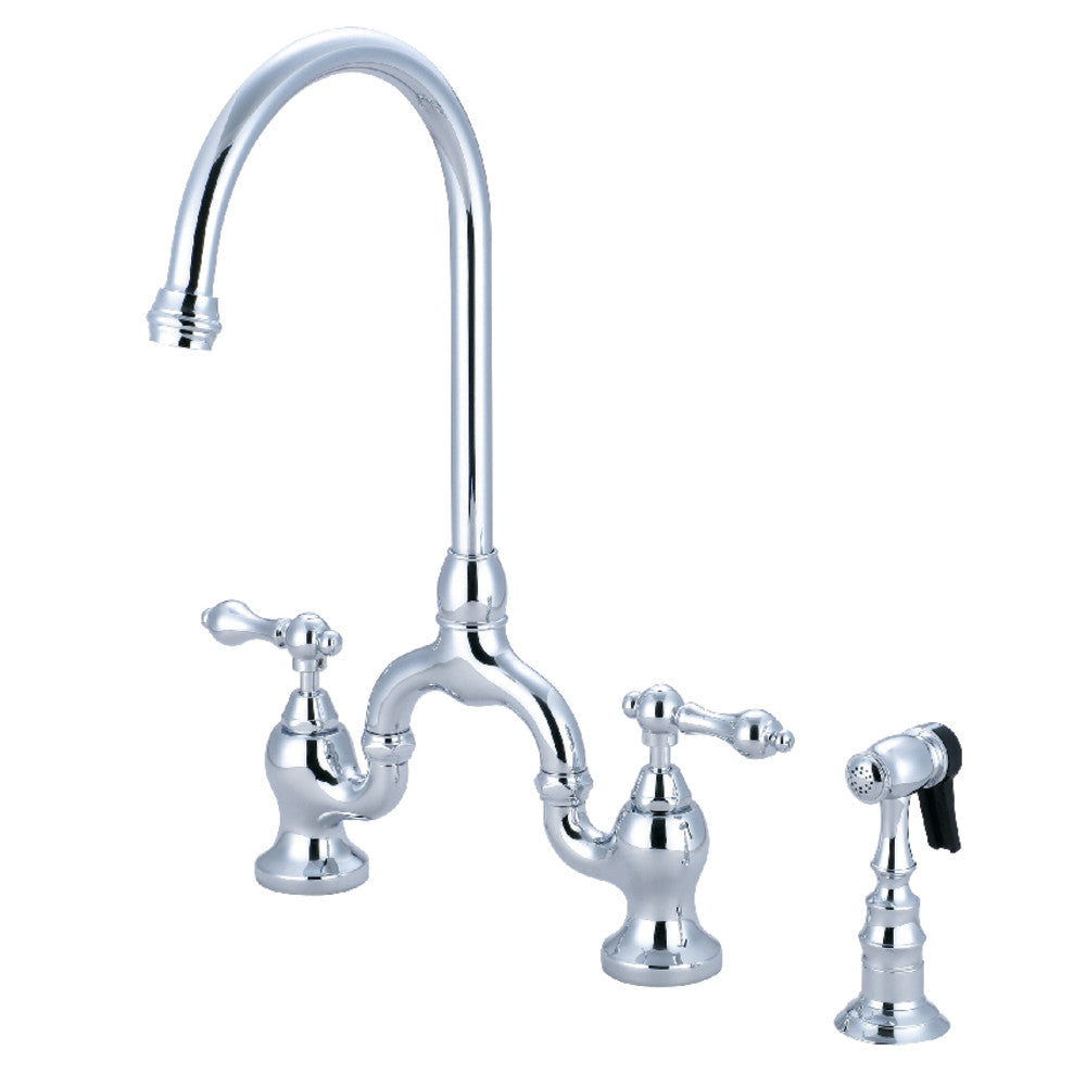 Kingston KS7793ALBS English Country Bridge Kitchen Faucet with Brass Sprayer, Antique Brass in polished chrome finish.