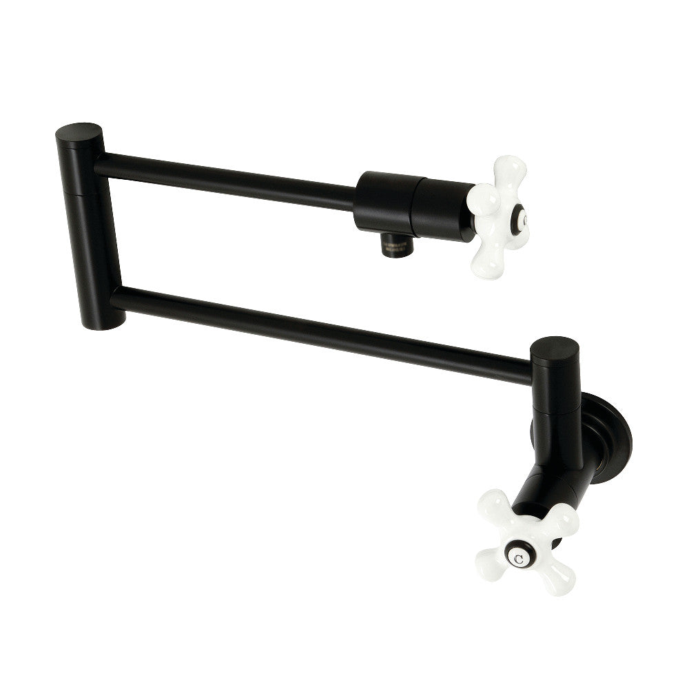 Kingston Brass KS4107PX Metropolitan Wall Mount Pot Filler Faucet, Brushed Brass in matte black finish with vintage handles
