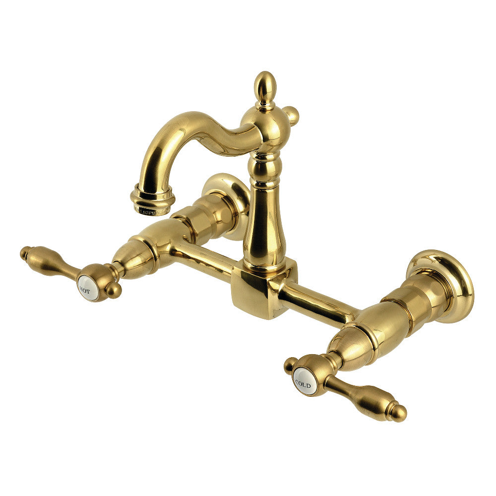 Kingston KS2443TAL Tudor Two-Handle Wall Mount Bridge Kitchen Faucet, Antique Brass in brushed brass finish
