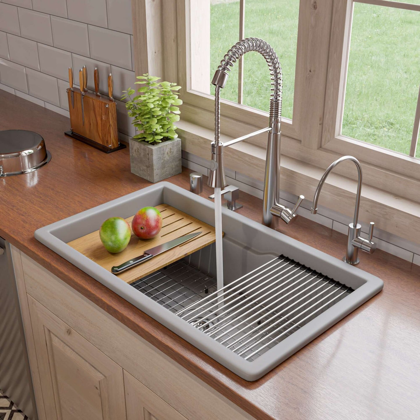 Alfi 32" Dual Mount Fireclay Workstation Kitchen Sink - ABFS3219SUD with bamboo cutting board and apples