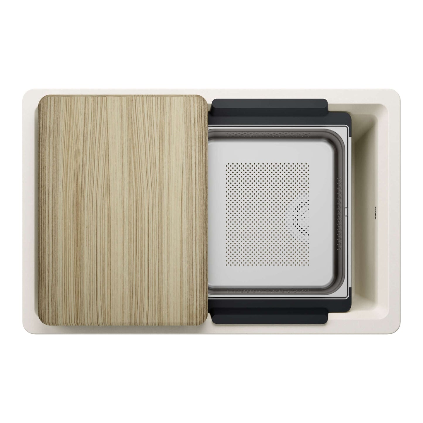 BLANCO Inteos SILGRANIT 30" Single Bowl Reversible Undermount Workstation Kitchen Sink with wood cutting board and colander.
