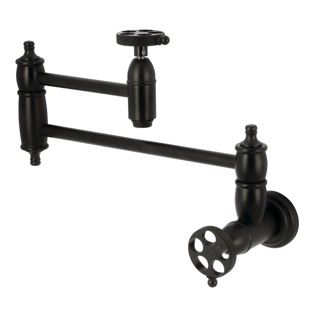 Kingston Brass KS3103RKX Webb Wall Mount Pot Filler Faucet with Knurled Handle, Antique Brass, Matte Black finish