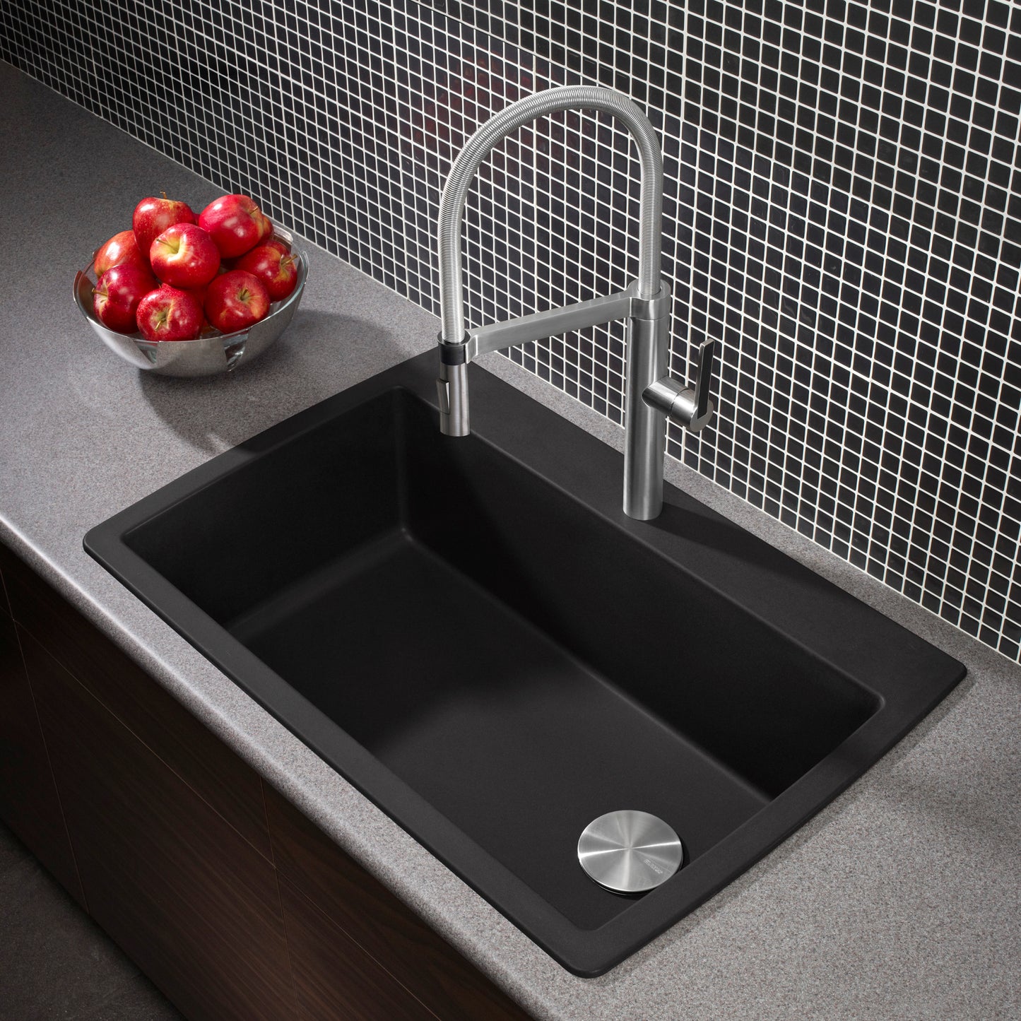BLANCO Diamond SILGRANIT 33.5" Super Single Dual Mount Kitchen Sink in modern kitchen setting with apples.