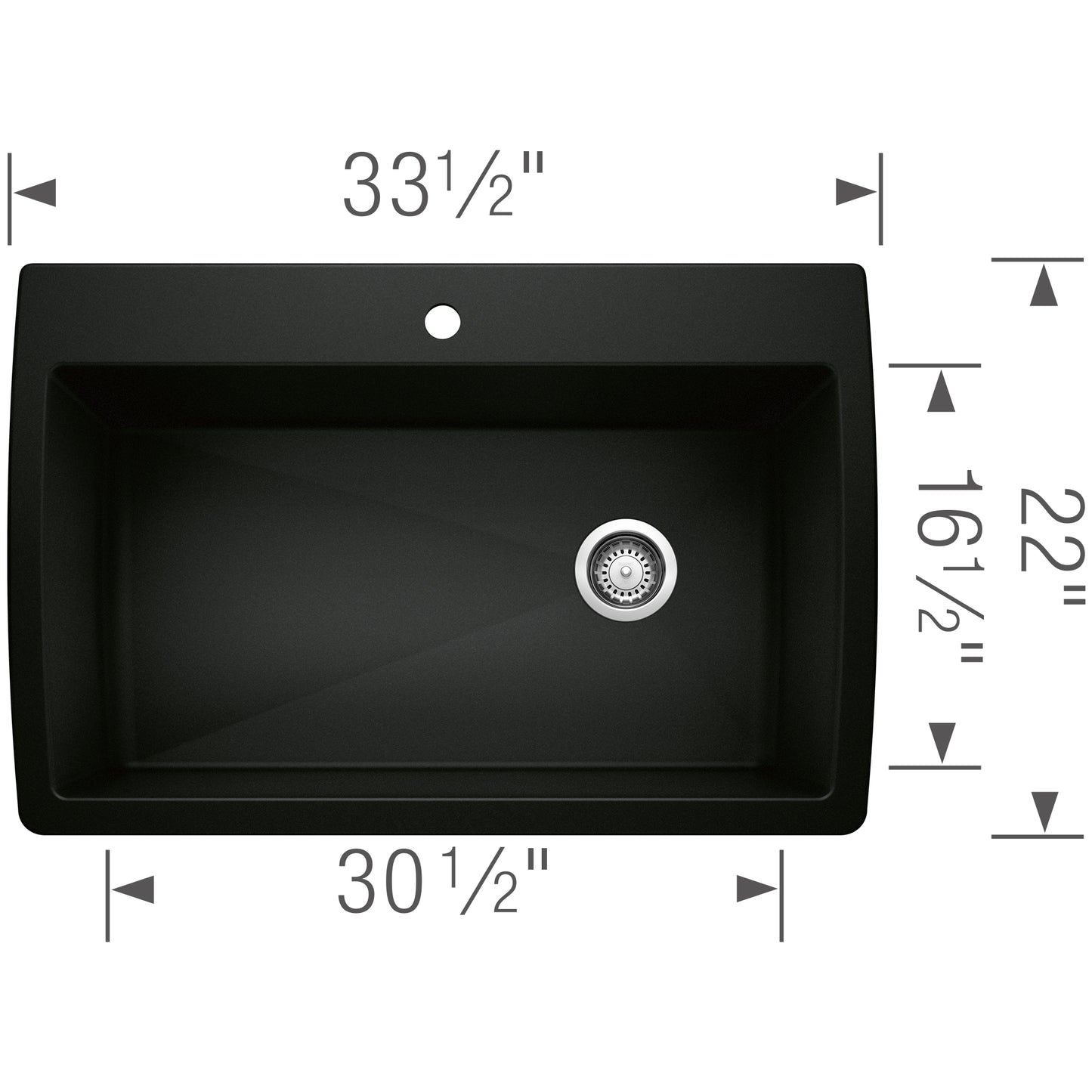 BLANCO Diamond SILGRANIT 33.5" Super Single Dual Mount Kitchen Sink dimensions diagram showing size and depth.