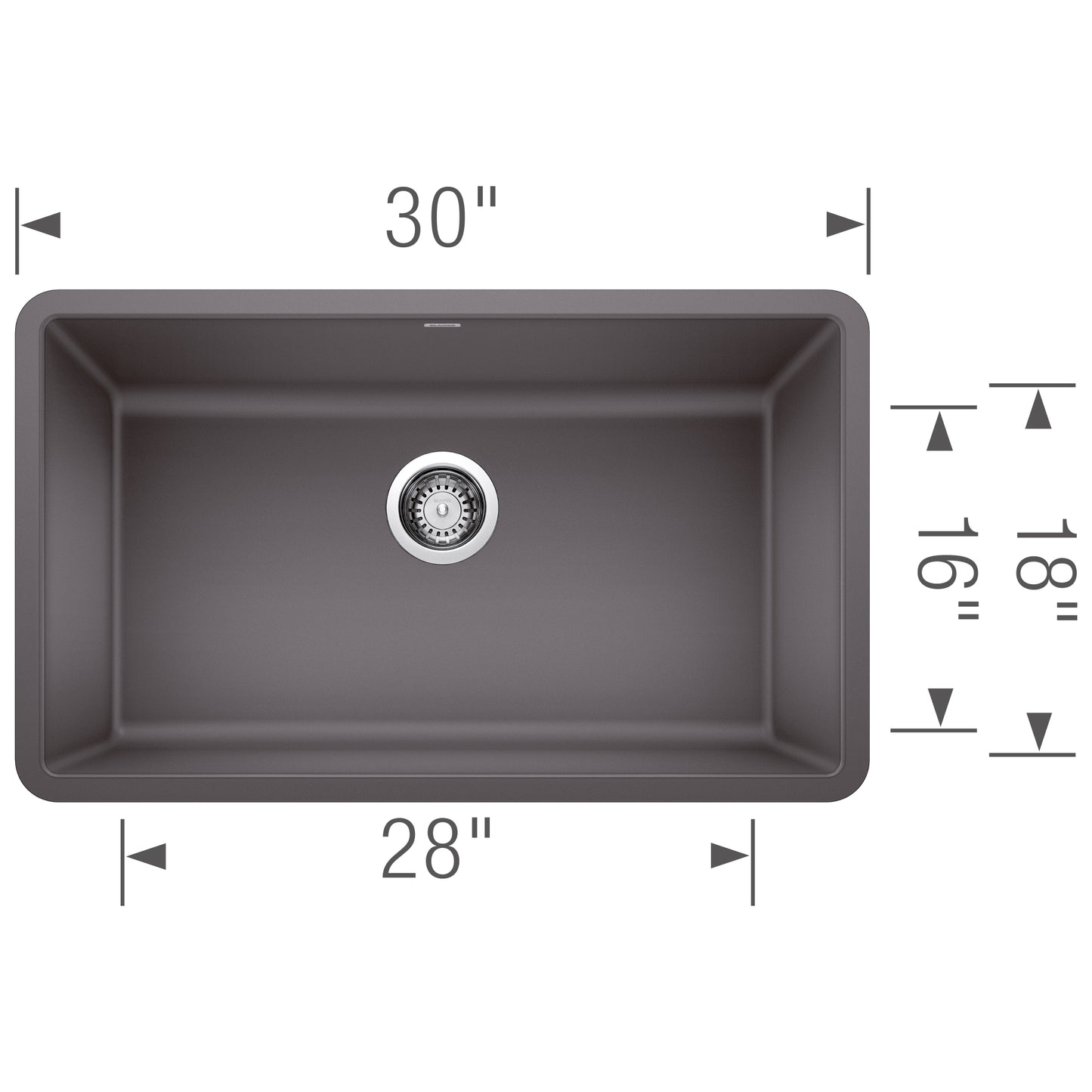 BLANCO Precis SILGRANIT 30" Single Bowl Undermount Kitchen Sink with dimensions 30" x 28".