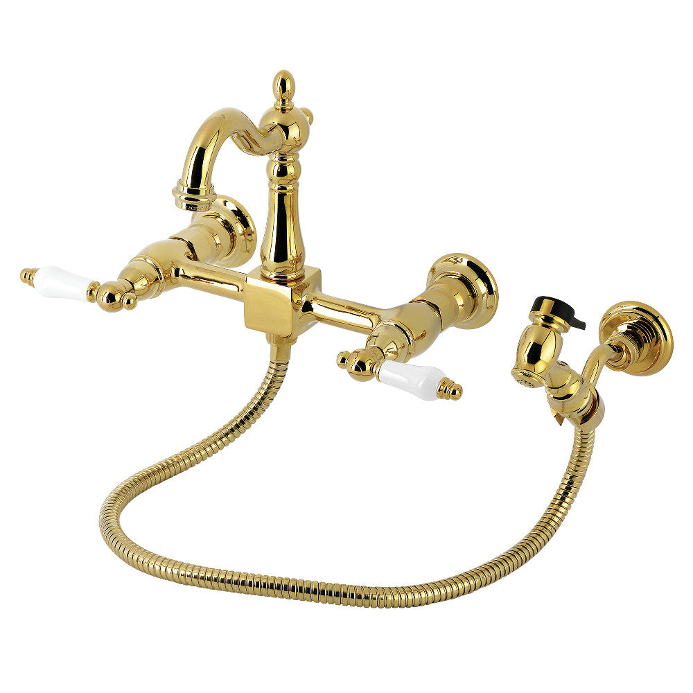 Kingston KS2443PLBS Heritage Two-Handle Wall Mount Bridge Kitchen Faucet with Brass Sprayer, Antique Brass