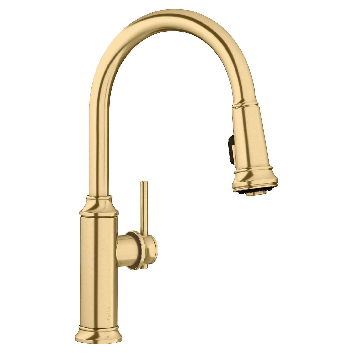 BLANCO Empressa High Arc Pull-Down Dual-Spray Kitchen Faucet in elegant gold finish with high spout design.
