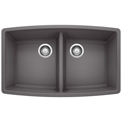 BLANCO Performa SILGRANIT 33" 50/50 Double Bowl Undermount Kitchen Sink top view showing equal basin design.